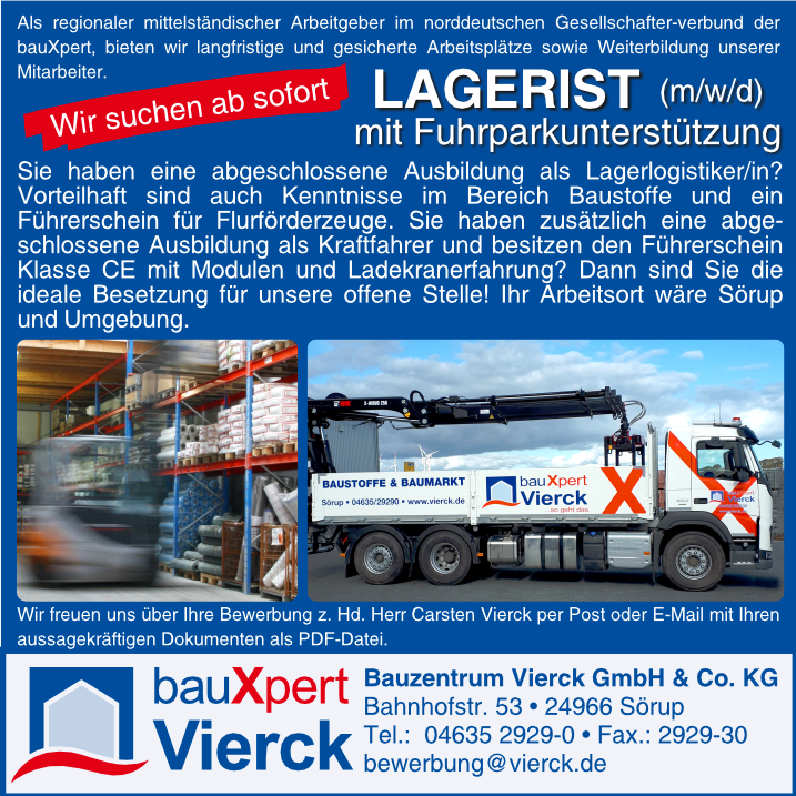 Stellenanzeige für Lagerist (m/w/d) mit Fuhrparkunterstützung